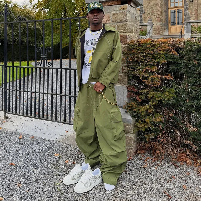 Custom Men's Suit Jacket Set Baggy Zip up Jacket and Cargo Pants Set Windproof Winderbreak Jacket Set
