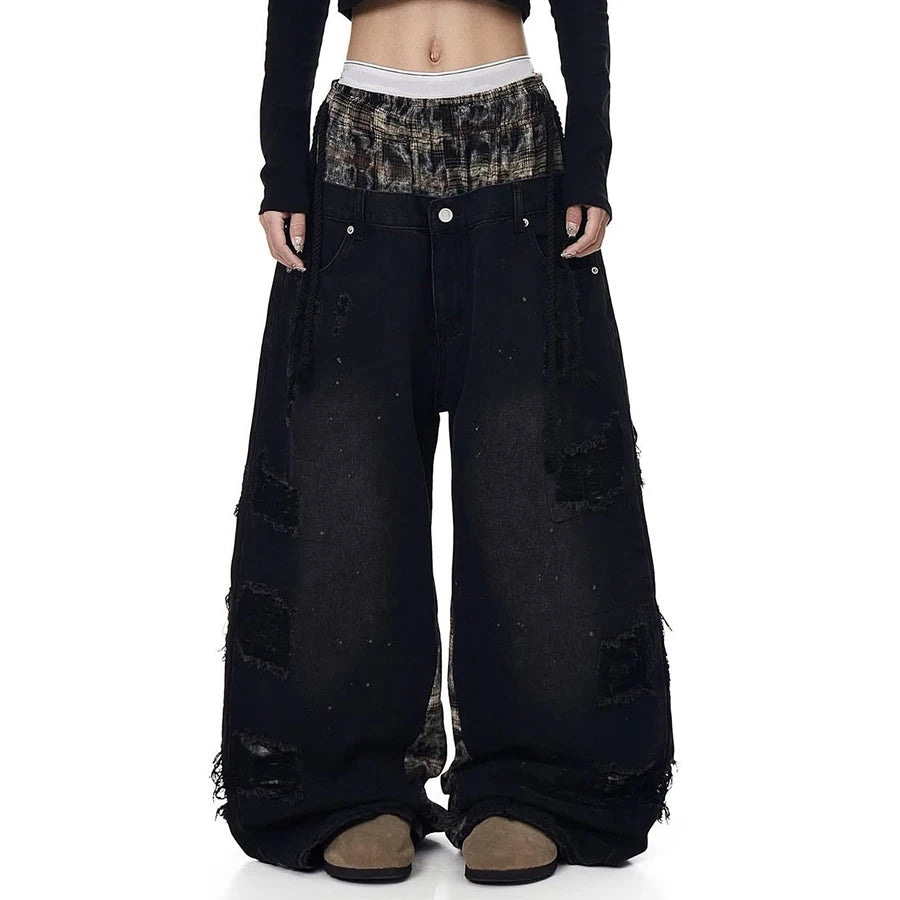 Custom Plus Size Women's Double Layer Waist Baggy Denim Jeans Ripped Wide Leg Jeans for Ladies