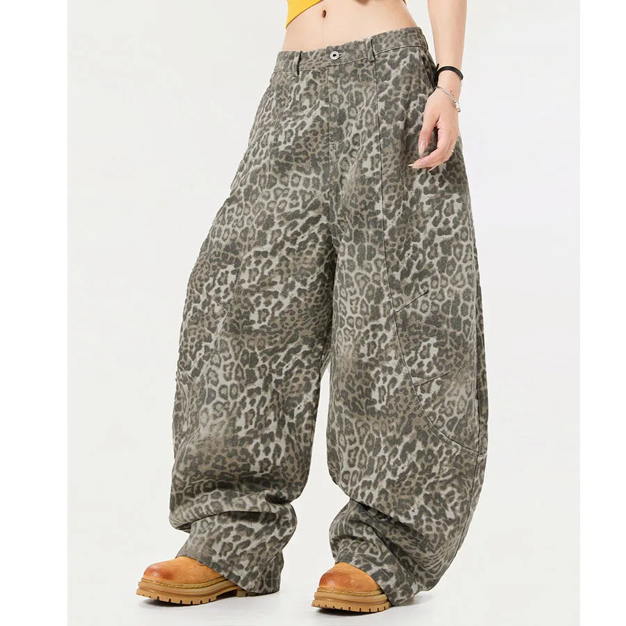 Custom Eco-Friendly Casual Spring Women's Loose Fit Leopard Print Wide Leg Barrel Pants Polyester/Cotton New Styles