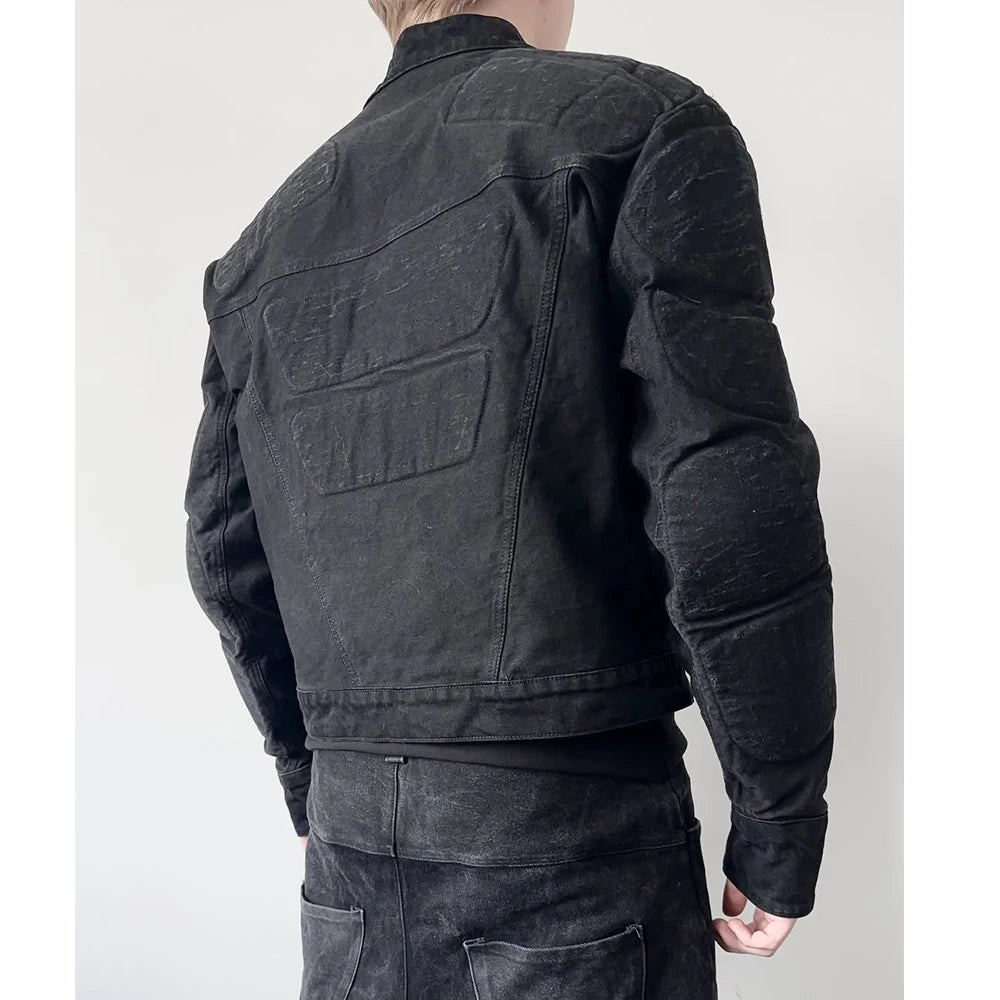 Custom 3D Padding Zip up Biker Jacket Men Black Biker Denim Jacket for Men