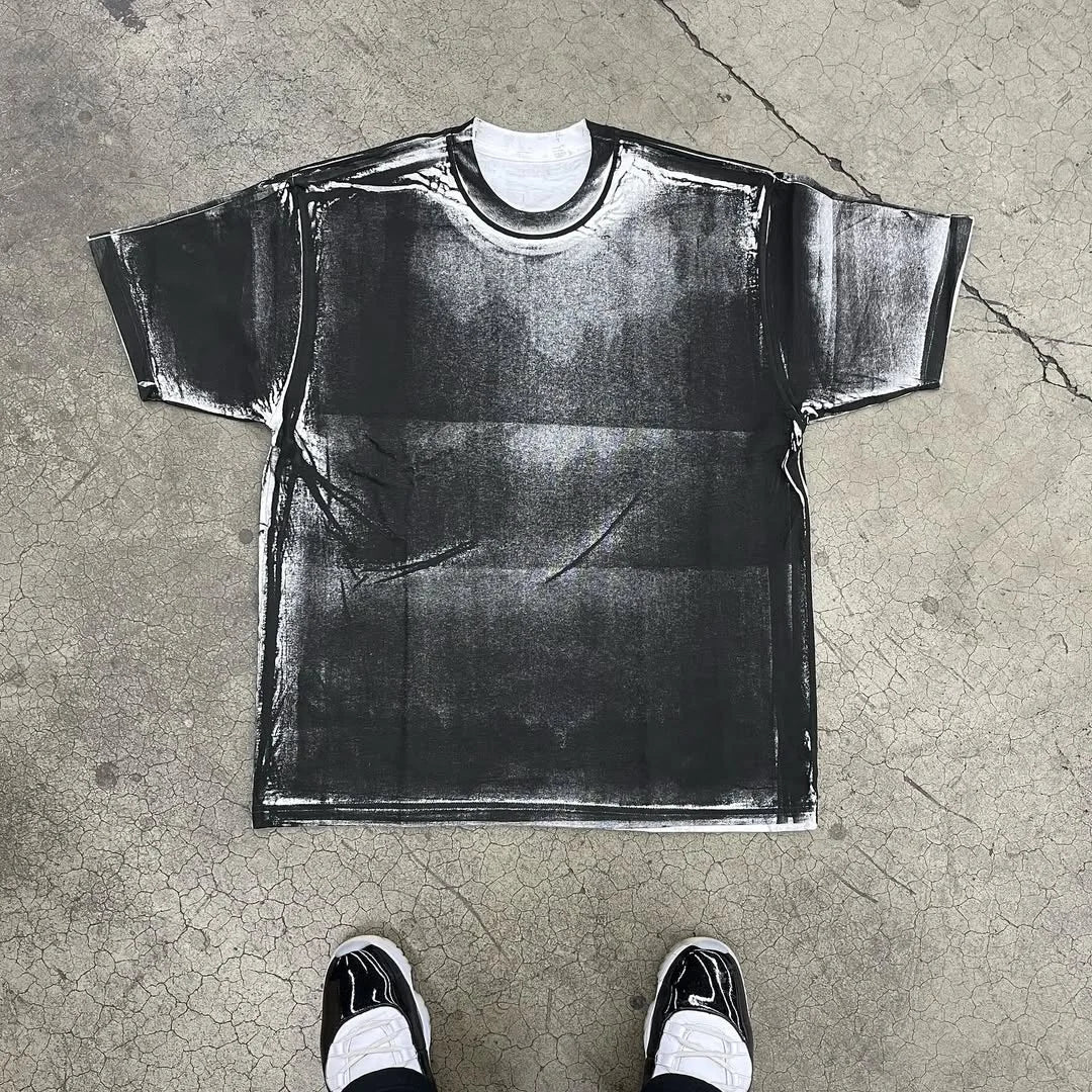 Men's Loose Short Sleeve T - Shirt with Artistic Black Ink Painting Design 280 Gsm Tshirt