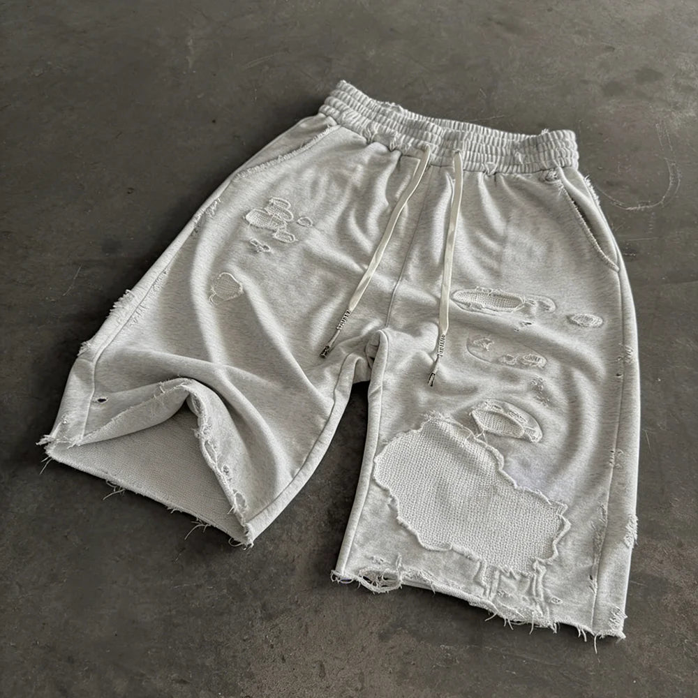 Custom Men's Casual Shorts 100% Cotton  3/4 Shorts for Men Distressed Ripped Long Sweat Shorts