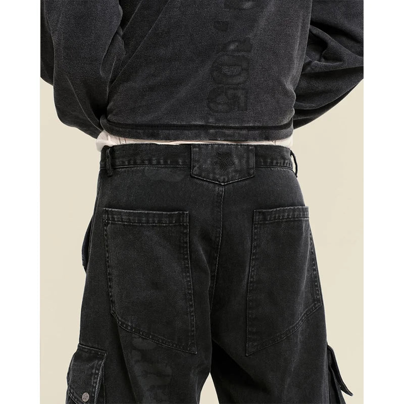 Custom Baggy Casual Heavyweight Denim Light Wash Mid Waist Knitted Cargo Pants for Men with Side Pockets Spring Polyester/Cotton