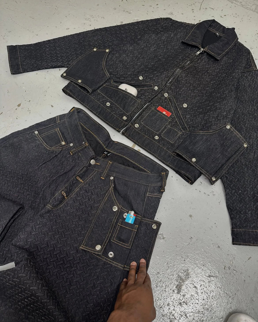 Custom Multi Pocket Jean Jacket and Pants Set for Men Denim Jacket and Jeans Men's Fashion Denim Set