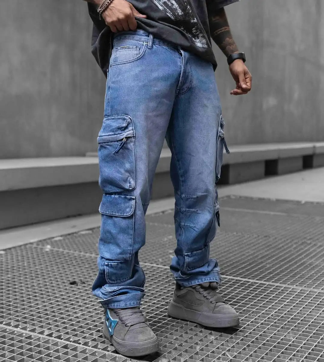Custom Men's Cargo Denim Jeans for Men Casual Cargo Jeans Pants with Six Pockets