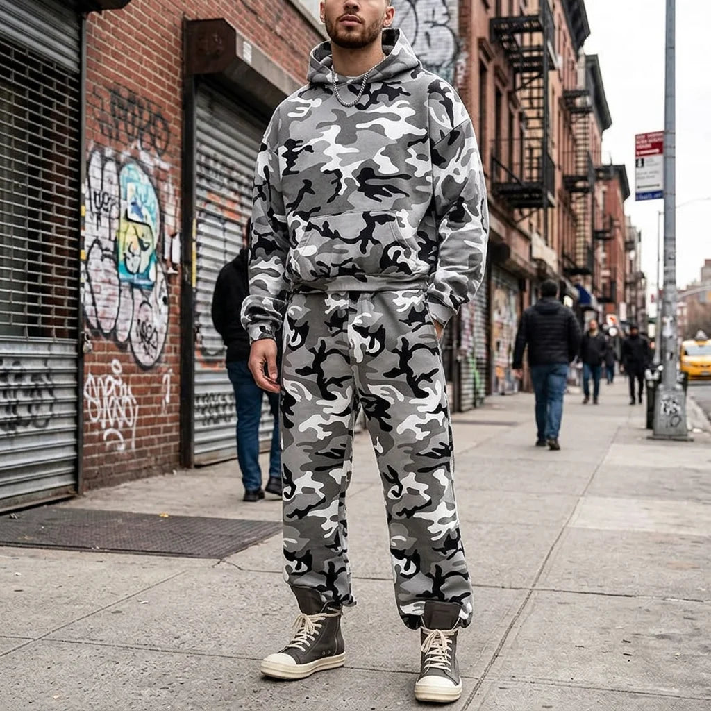 Custom Camo Printed Hooded Casual 400 Gsm Tracksuit Set for Men Oversized 2-Piece Sweat Suit Camouflage Sweatsuits