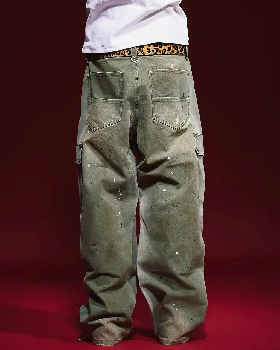 Custom Baggy Splash Ink Cargo Pants Trouser for Men Casual Vintage Wash Pants