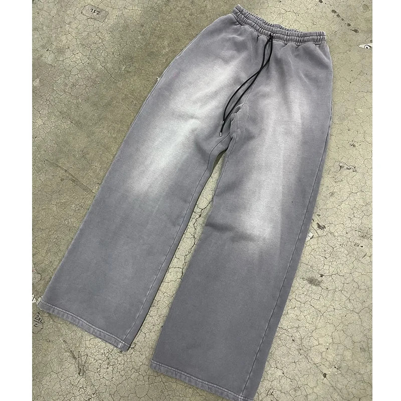 Custom Grey Vintage Wash Casual Heavyweight Drawstring Closure Mid Waist Oversized Cotton Uncuffed Sweatpants for Men