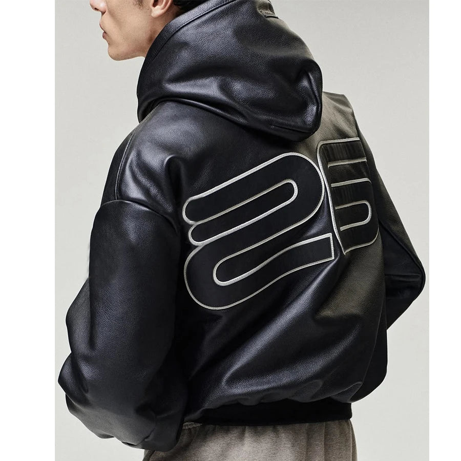 Custom Leather Jacket Men's Casual Zip up Bomber Jacket Men Boxy Hooded Leather Jacket High Quality