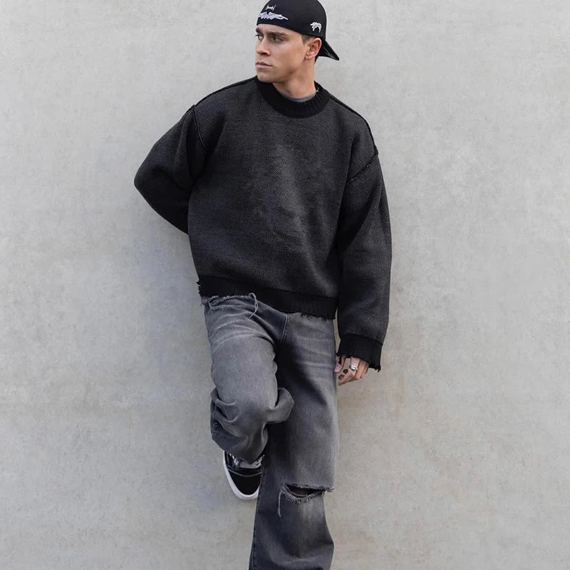 Custom Plus Size Men's Knitted Sweater Man Streetwear Reversible Oversized Sweater Manufacturer Winter Knitwear Men