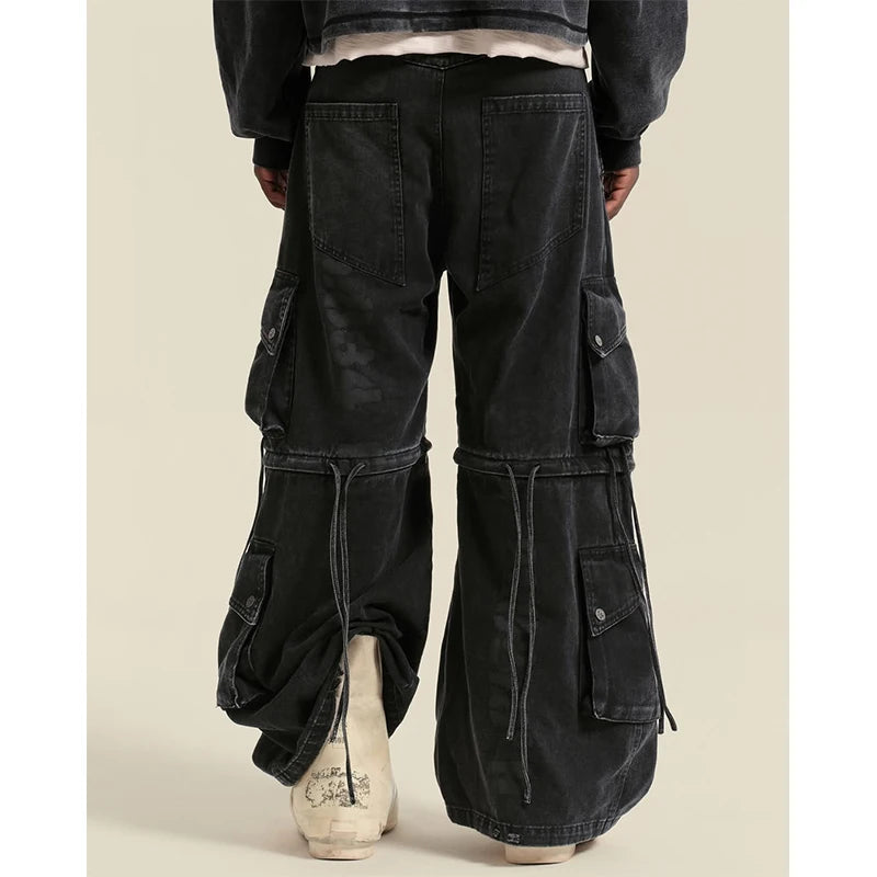 Custom Baggy Casual Heavyweight Denim Light Wash Mid Waist Knitted Cargo Pants for Men with Side Pockets Spring Polyester/Cotton