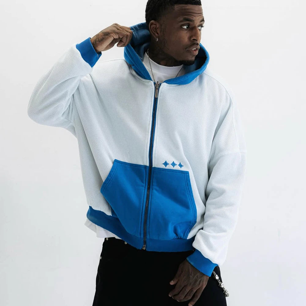 Custom Boxy Zip up Reversible Hoodie for Men Oversize Waffle Knit Lined Hoodie Unisex