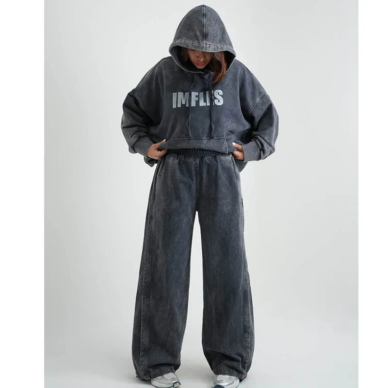 Custom Plus Size Hooded Solid Eco-Friendly 100% Cotton Heavyweight Women's Vintage Casual Winter Tracksuits Set