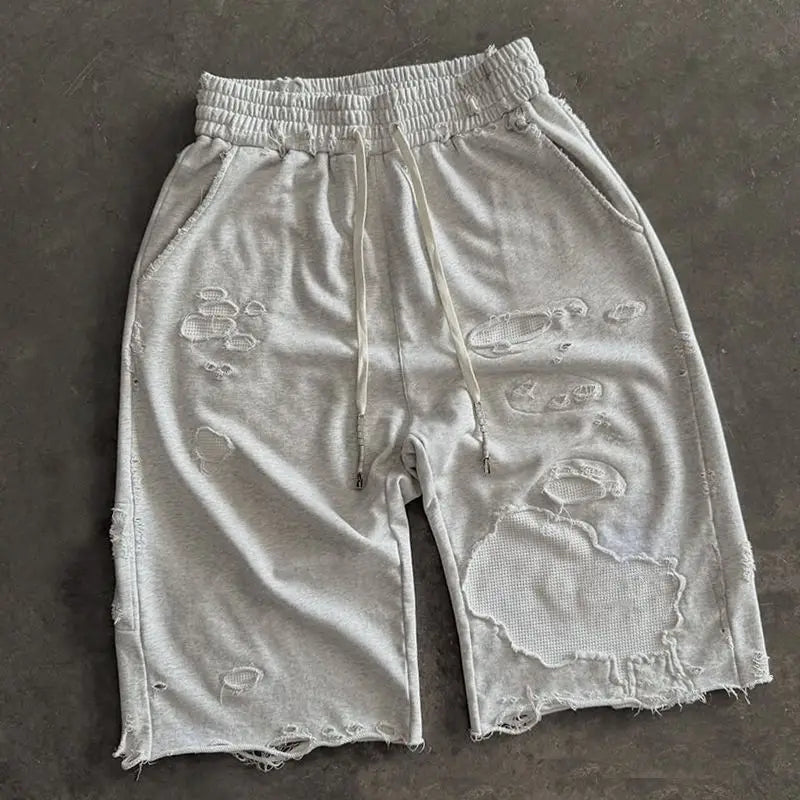 Custom Men's Casual Shorts 100% Cotton  3/4 Shorts for Men Distressed Ripped Long Sweat Shorts