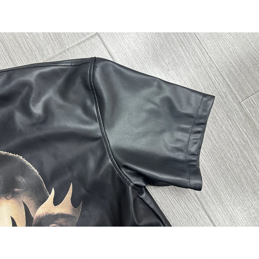 Custom Mens Leather Shirt for Men Zip up Black Leather Shirt Short Sleeve Graphic Print Pu Leather Shirt