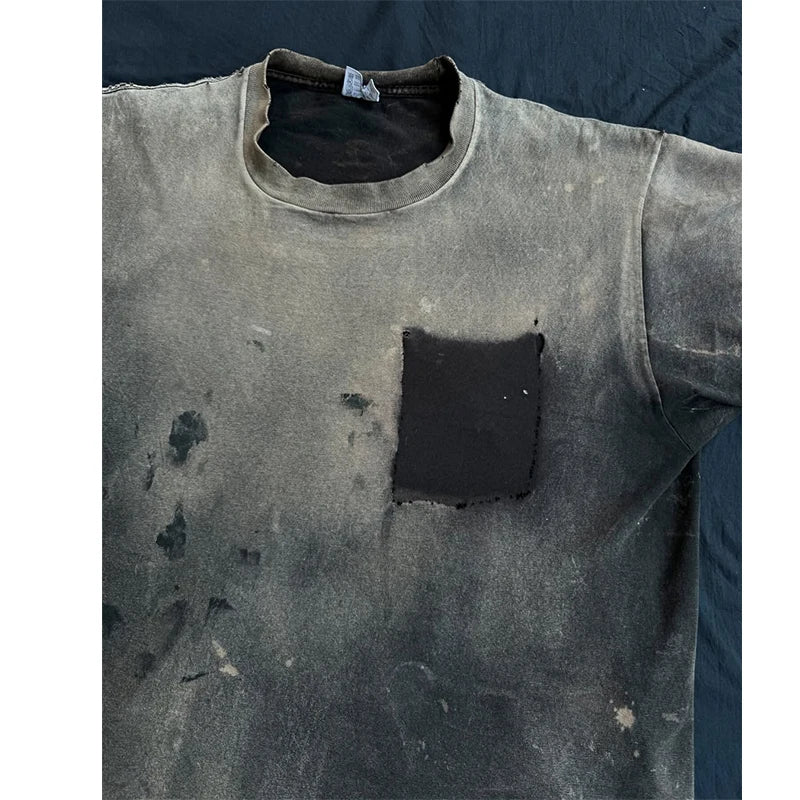Custom Acid Wash Embroidered Vintage Letter Print 100% Cotton O-Neck Knitted T-shirt for Men 220 Grams Loose Fit Street Style