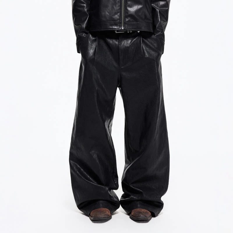 Customize Pleated Straight Leg Faux Leather Trousers Pants for Men Faux Leather Pant Manufacturer