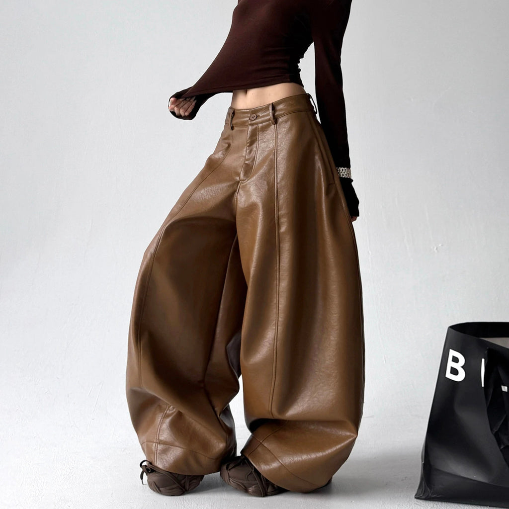Custom Ladies Casual Wide Leg Leather Pants for Women Black Pu Leather Pants Trouser