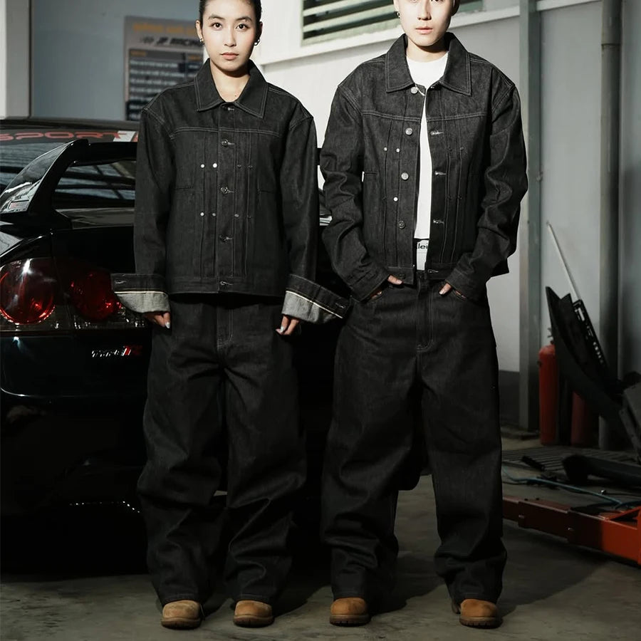 Custom Denim Sets Two Piece for Women Men Clothing Black Raw Selvedge Denim Set High Quality