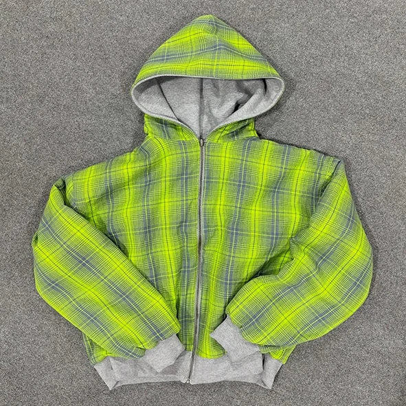 Custom Reversible Zip-Up Hoodie for Men 100% Cotton Oversized Plaid Zipper Hoodie