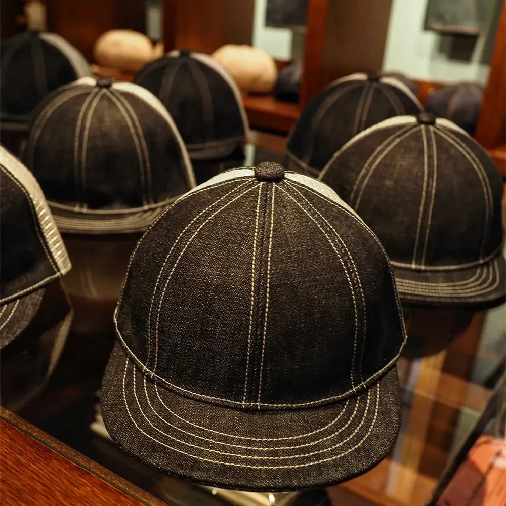 Custom Made Snap Back Denim Caps for Men Premium Mesh Black Denim Hat 7 Panel Blank Snapback Hats