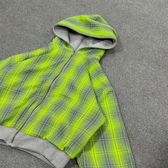 Custom Reversible Zip-Up Hoodie for Men 100% Cotton Oversized Plaid Zipper Hoodie