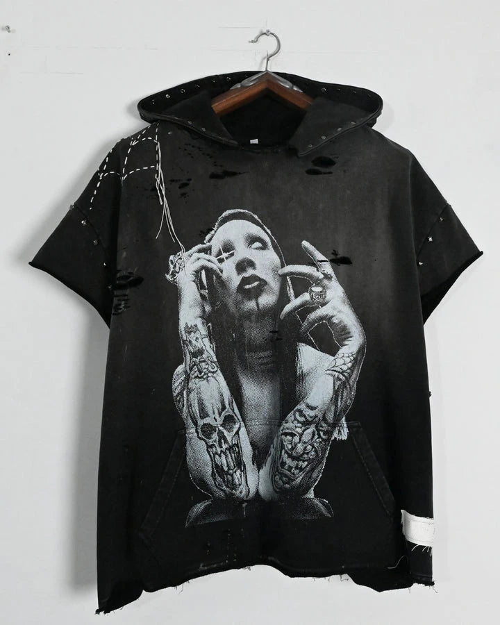 Custom Streetwear Printed Sleeveless Hoodie Shirt for Men Street Wear Vintage Ripped t Shirt