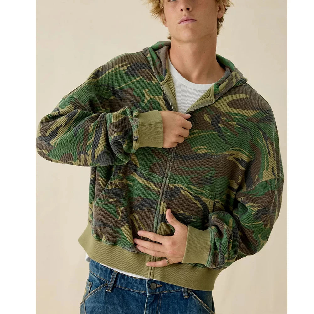 Custom Camo Pattern Waffle Zip up Hoodie for Men Boxy Camouflage Zipper Hoodie