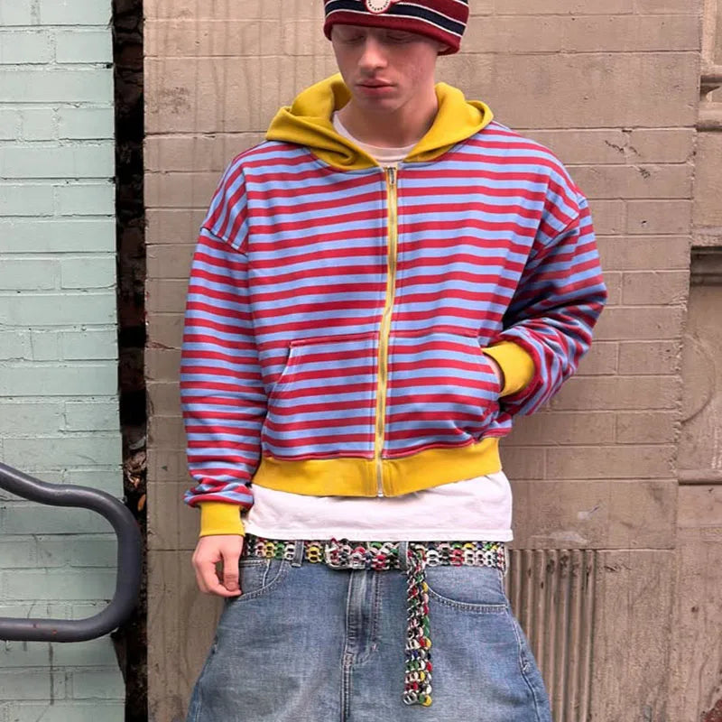 Custom Mens Multi Striped Hoodie 100 Cotton  Zip up Streetwear Hoodie with Zipper