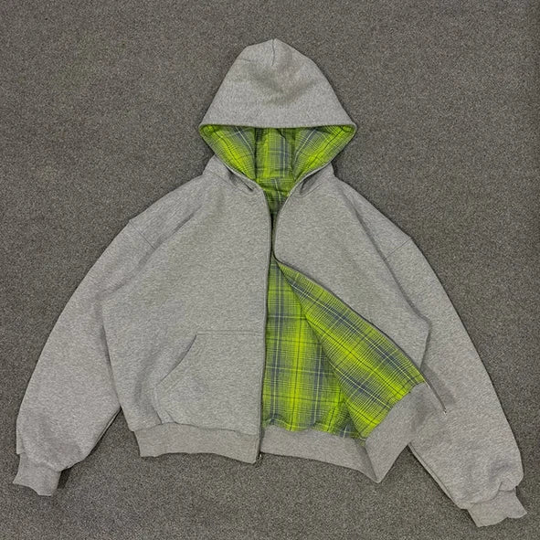 Custom Reversible Zip-Up Hoodie for Men 100% Cotton Oversized Plaid Zipper Hoodie