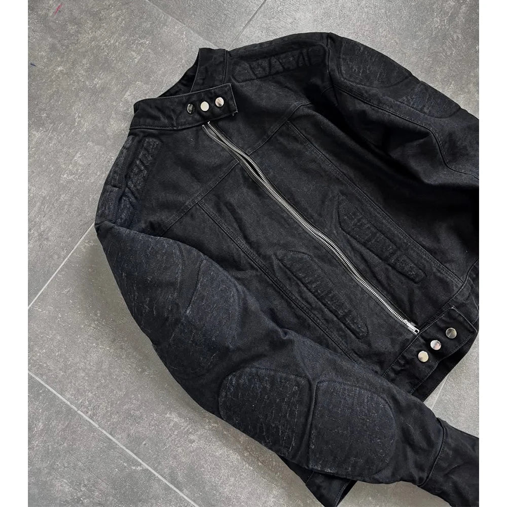 Custom 3D Padding Zip up Biker Jacket Men Black Biker Denim Jacket for Men