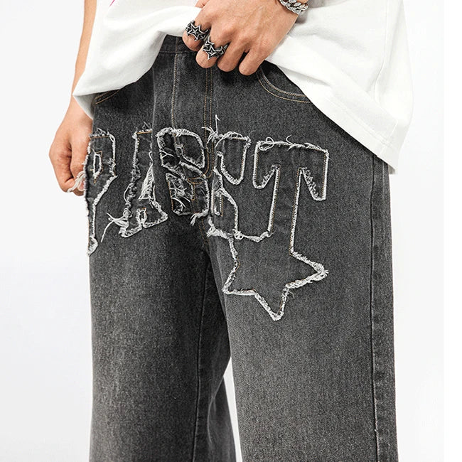 Custom Men's High Waist Baggy Denim Jeans Trousers Breathable Harem Pants with Embroidered Applique for Spring Autumn Seasons