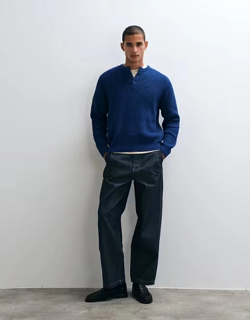 Custom Men's Casual Textured Waffle Henley Sweater for Men Knitted Sweater Clothing Manufacturer