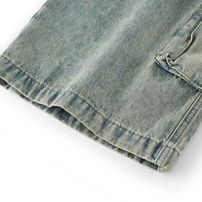 Custom Men's Vintage Casual Cargo Denim Jeans Men Mid Waist Light Wash Jeans with Side Pockets