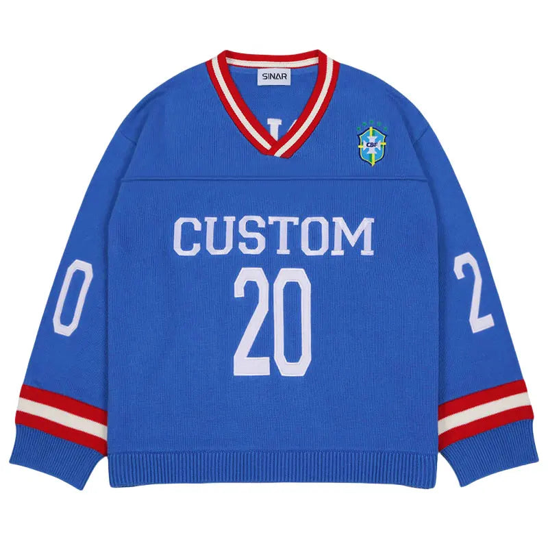 Custom LOGO Men Sweater Design Pullover Short Sleeve Football Jumper Summer V Neck Knitwear Casual Sweater Knitted Jerseys Men