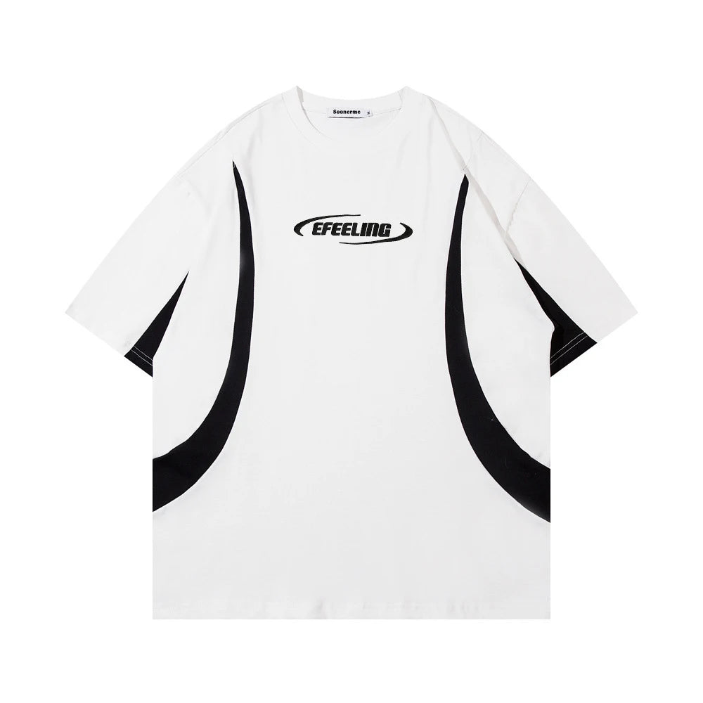 Vintage Y2K Two Tone T Shirt Custom Embroidered Logo Baggy Man Patchwork Tshirt Piping Stitching Customization Streetwear