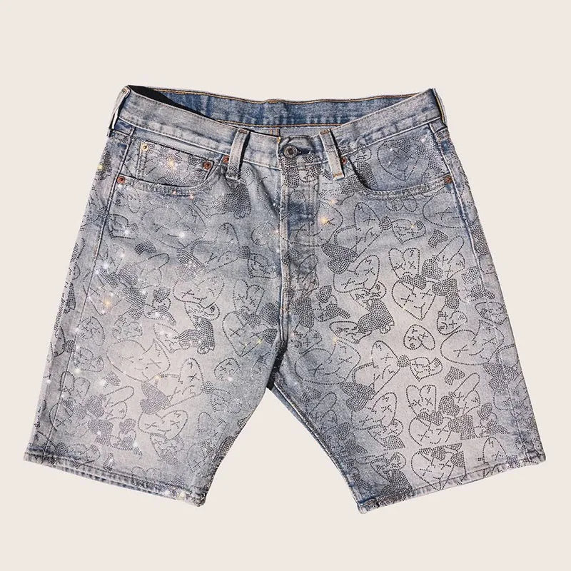 Custom Mens Fashion Rhinestone Denim Shorts for Men Designer Printed Jeans Shorts