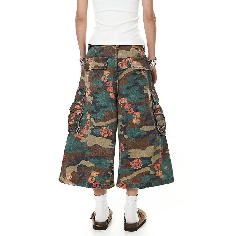 Custom Women Camo 3/4 Baggy Denim Shorts Streetwear Ladies Long Cargo Denim Shorts