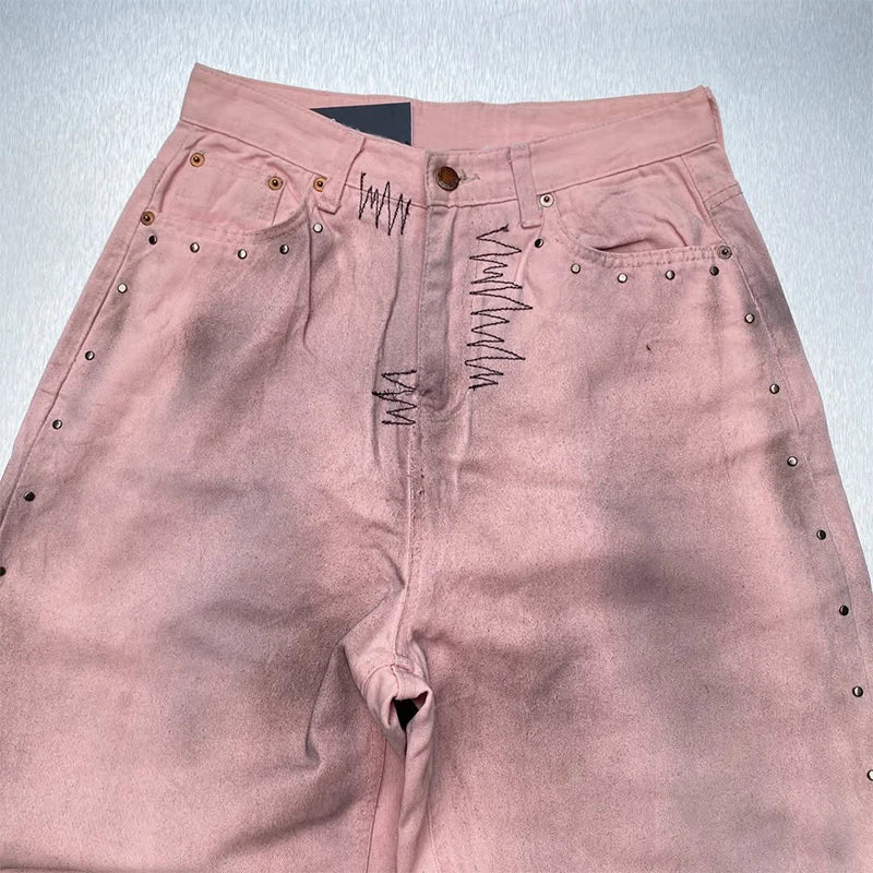Custom Men's Pink Straight Casual Light Wash Mid Waist Knitted Denim Jeans Washable Spring Street Wear