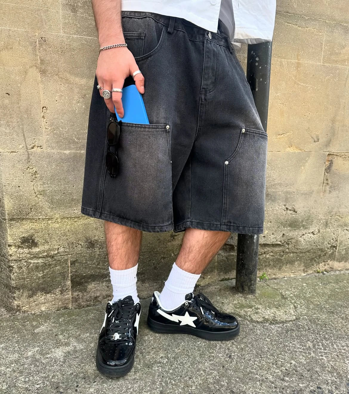 Custom Men's Streetwear Carpenter Denim Shorts Unisex Double Waistband Denim Short with Six Pockets