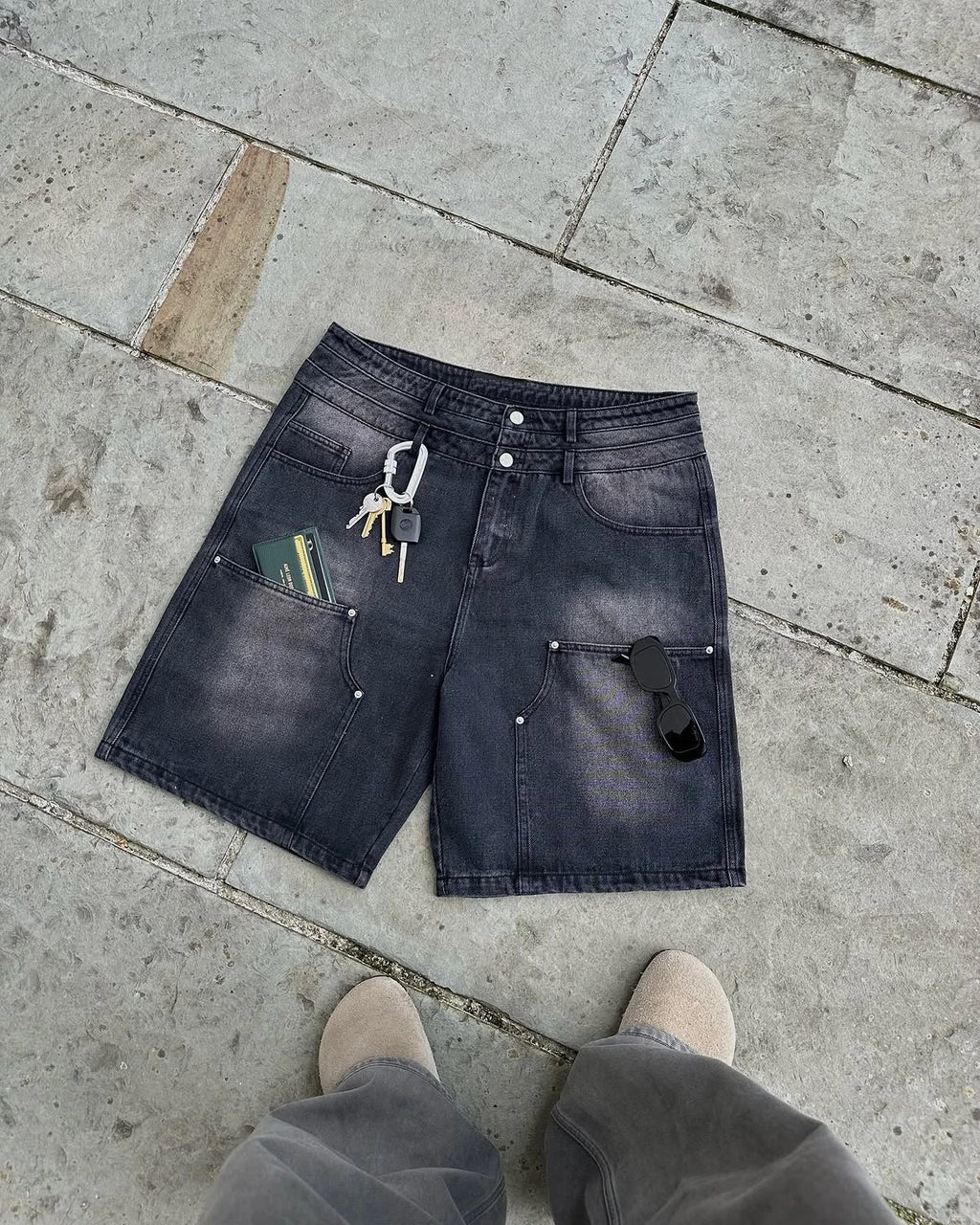 Custom Men's Streetwear Carpenter Denim Shorts Unisex Double Waistband Denim Short with Six Pockets