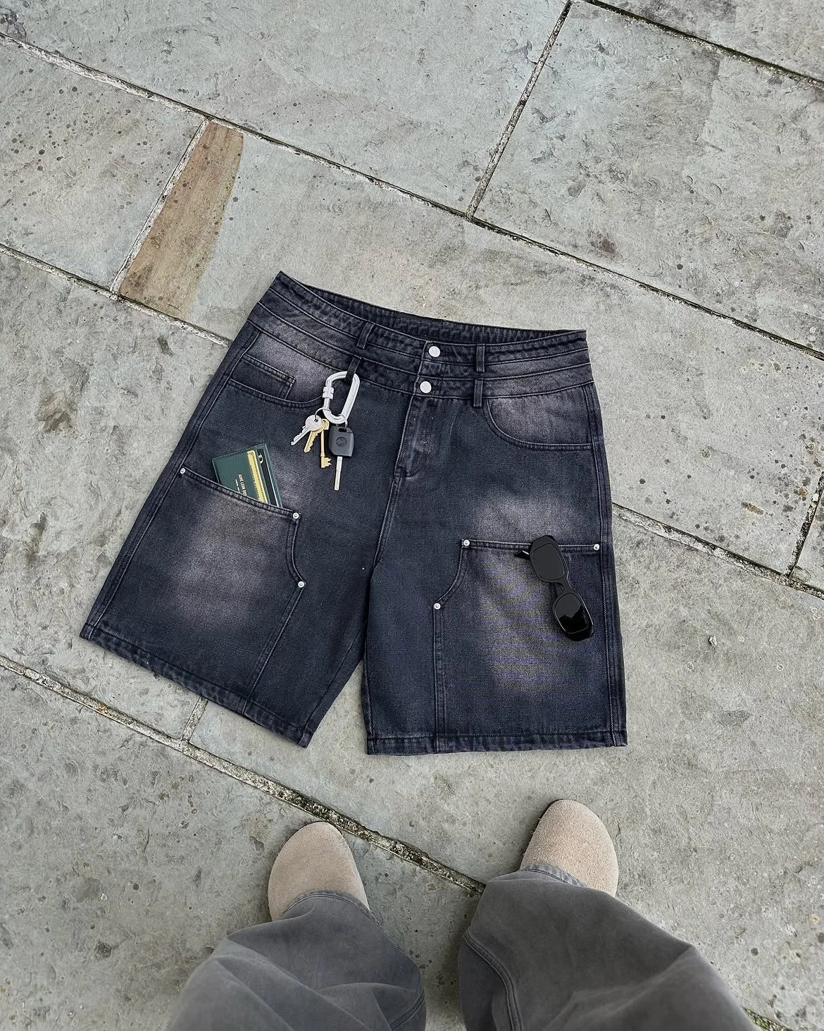 Custom Men's Streetwear Carpenter Denim Shorts Unisex Double Waistband Denim Short with Six Pockets