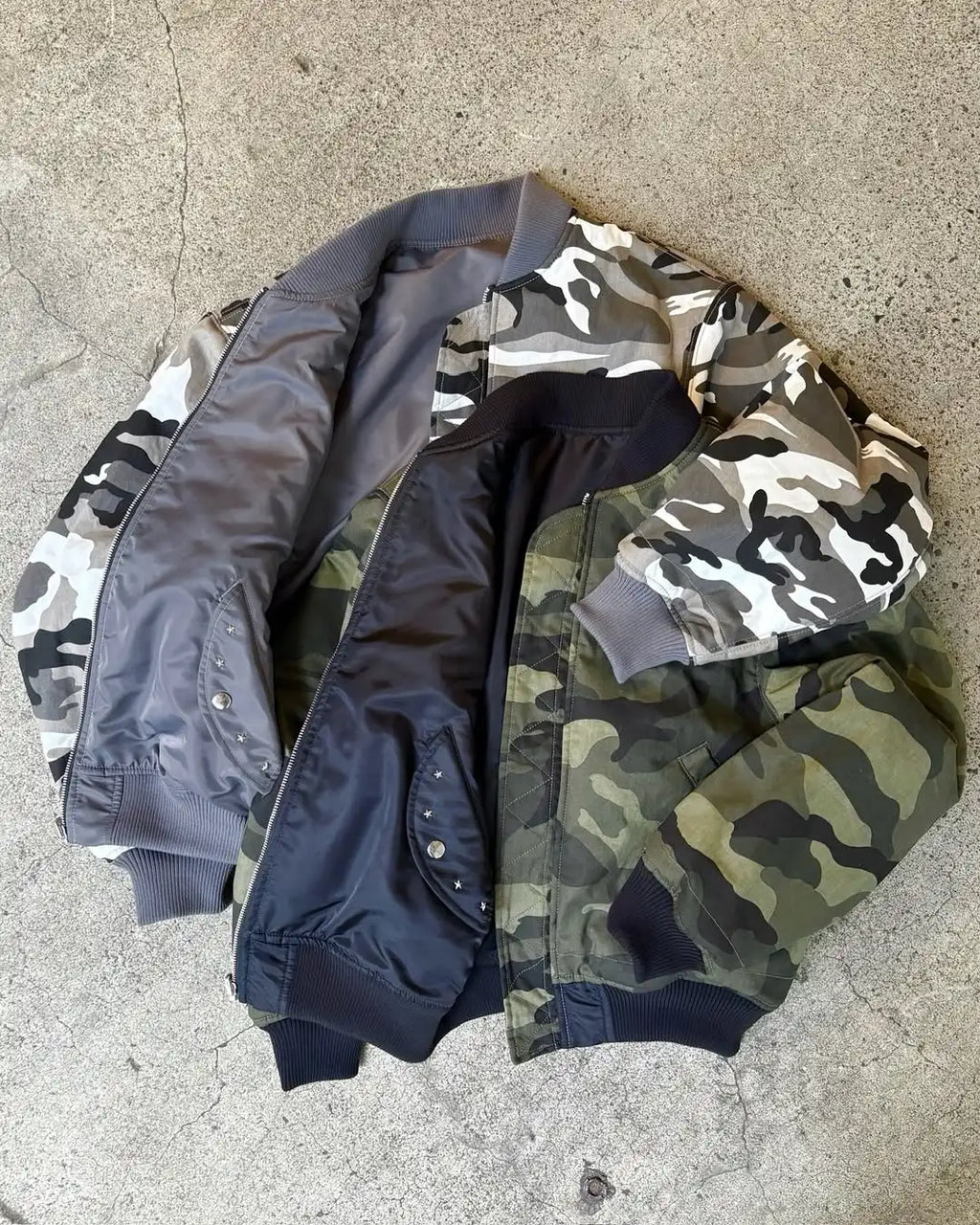 Custom Camo Reversible Jacket High Quality Camouflage Reversible Satin Jacket for Men Bomber Jacket