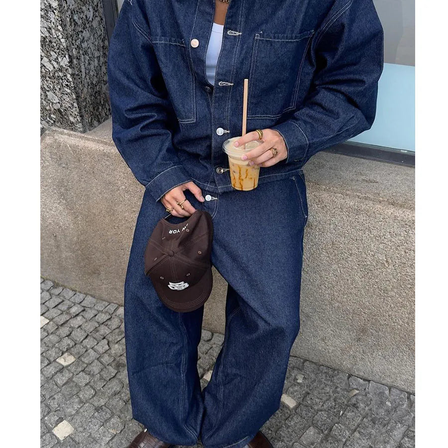 Custom Men's 2 Piece Denim Shirt Set Streetwear Jean Jacket and Pants Set for Men