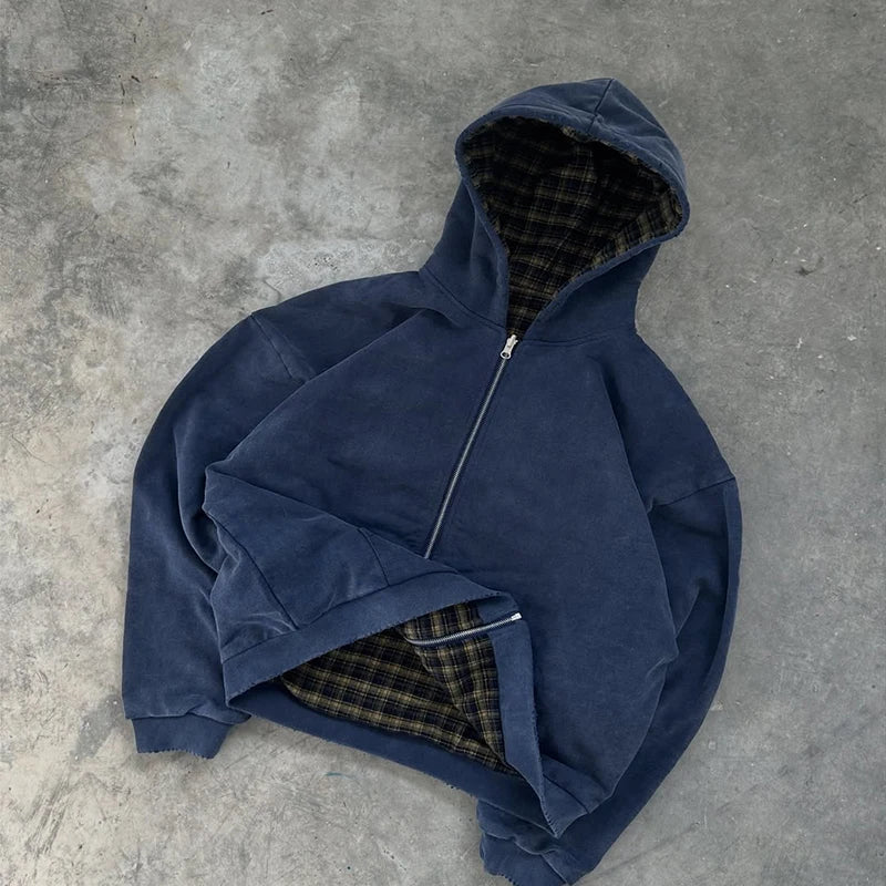 Customised  Plaid Zip up Hoodie for Men Reversible Plaid Hoodie High Quality Heavyweight Hoodie