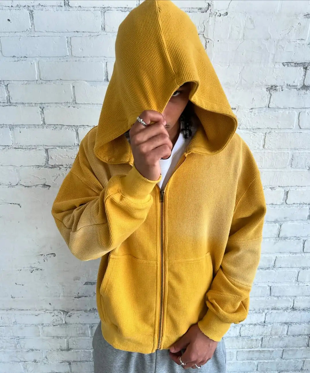 Custom Plus Size Waffle Knit Zip up Hoodie Men's Oversized Hoodie for Men Fade Zipper Hoodie