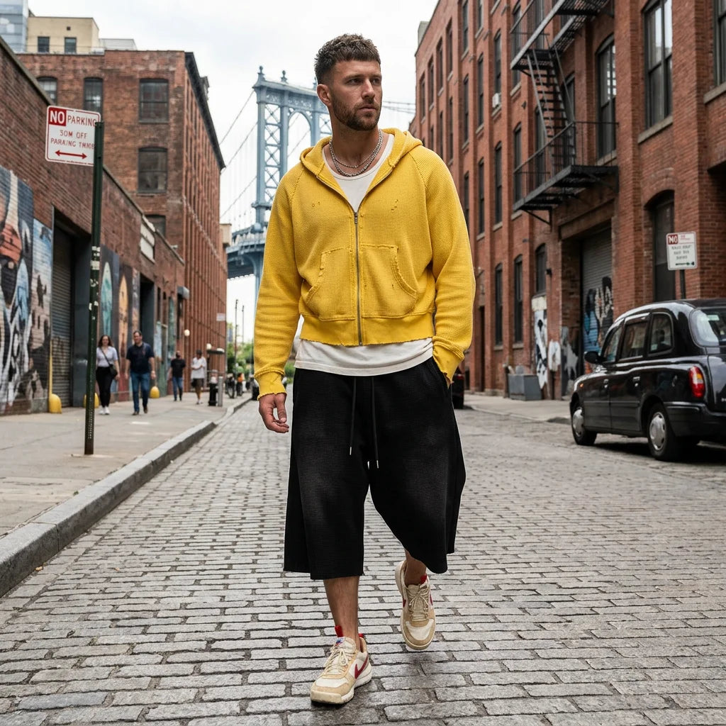 Custom Men's Summer Waffle Knit 2 Piece Hoodie and Shorts Set for Men Streetwear Tracksuits Shorts Sets