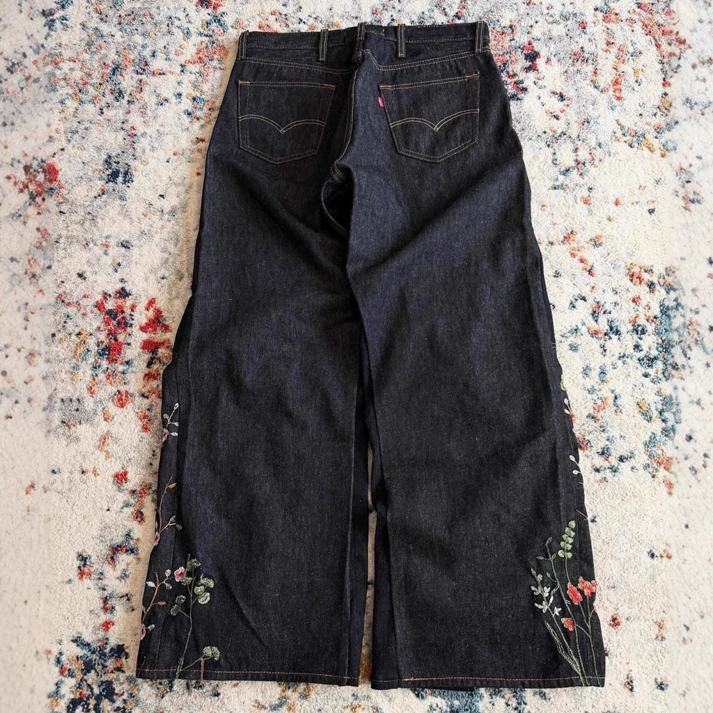 Custom Baggy Jeans Y2k Selvage Denim Jeans Black Wide Leg Embroidery Wide Leg  Floral Jeans for Men