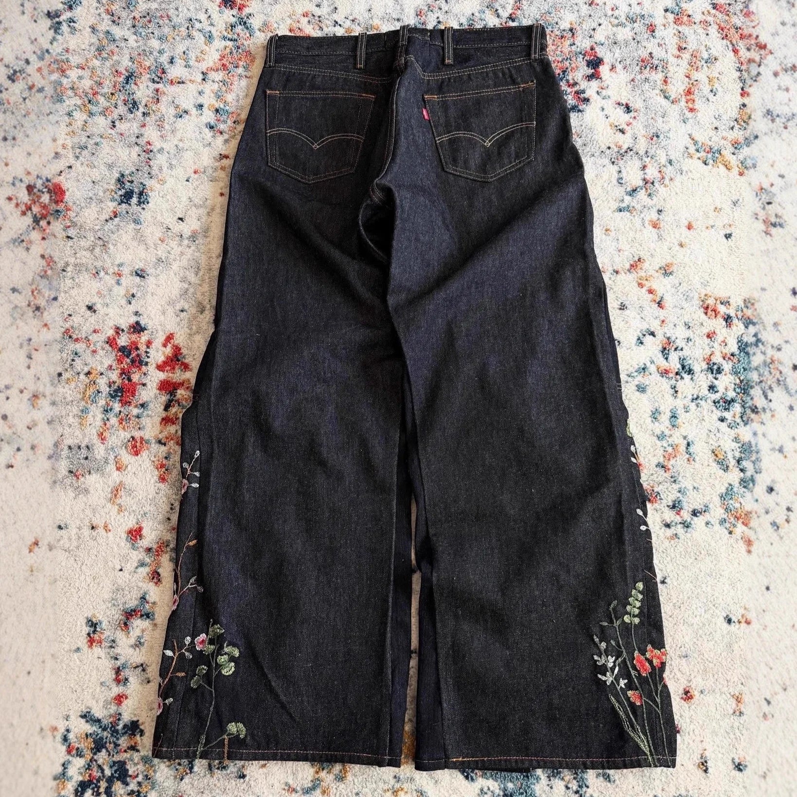Custom Baggy Jeans Y2k Selvage Denim Jeans Black Wide Leg Embroidery Wide Leg  Floral Jeans for Men
