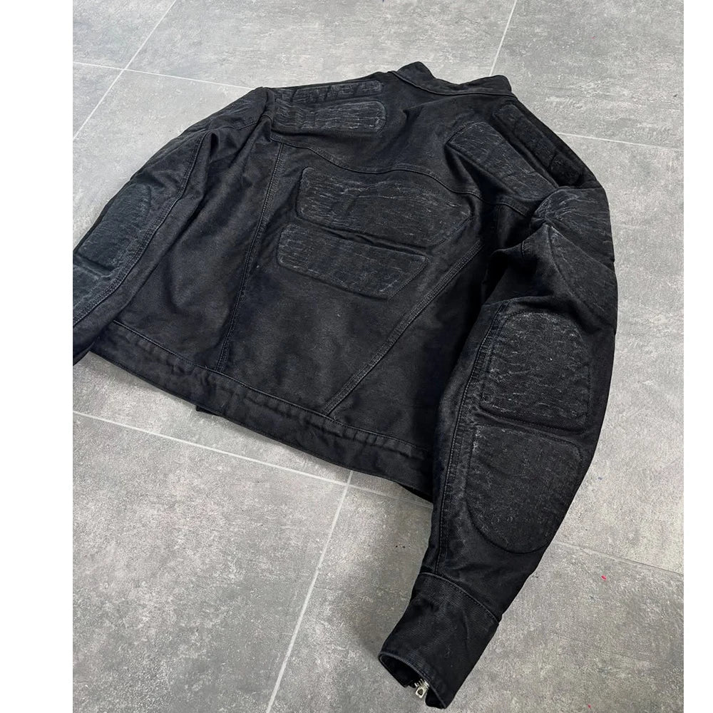 Custom 3D Padding Zip up Biker Jacket Men Black Biker Denim Jacket for Men